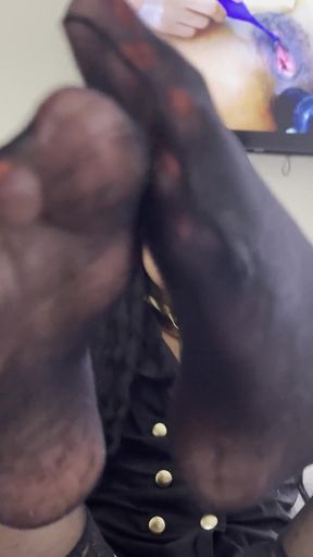 Flight Attendant Worships Her Stinky Pantyhose Feet