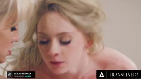 Busty blonde trans goddess gets ruined by Athena Rayne's passionate cock in messy makeup sex