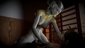 golden demon girl rides dick on top in pov