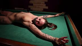 Petite brunette spreads her legs on a billiard table