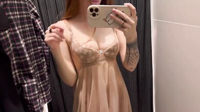 (Under a Skirt Without Panties) A Beautiful Stranger with Big Boobs tries to Sexy Underwear