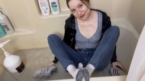 Getting in the Tub with Jeans, Hoodie, and Adidas Sneakers