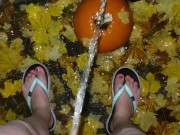 Girl Standing Festive Piss On Pumpkin