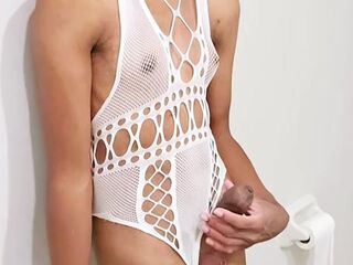 BBC Trans Girl Orgasims in White Bodysuit Skinny Sissy Femboy Masturbation Show Preview