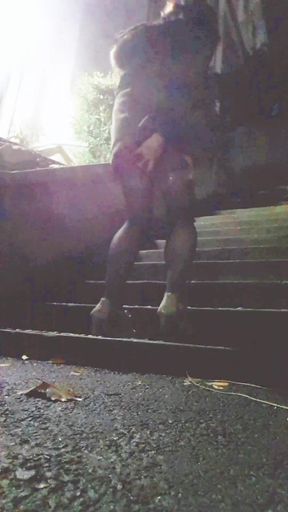 A College Bitch in Open Bottom Stockings with a Vib Controller Taped to Her Thigh Walks Throug College and Flashlights Herself