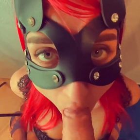 Gorgeous juicy blowjob from a beautiful girl in a cat mask with green eyes who likes to get sperm in her mouth