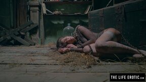 Chained slavegirl Emily J rams her cunt with a bottle