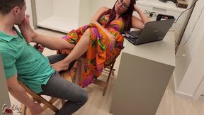 Furniture Saleswoman Seduces Client with Her Sexy Feet - Foot Worship - Foot Fetish - High Heels - Cock Teasing - Soles Licking