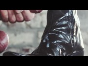 Stunning young cock fucking and jerking off on leather boots