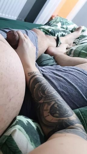 Tattooed step mom almost caught by Husband while handjob step son dick