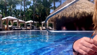 Big tits slut give perfect handjob in hotel pool - risky with cumshot in pool :P !