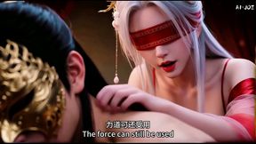 blindfolded silver hair beauty meets the masked stranger. e4. ai- generated