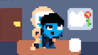 A young blue alien girl rides on a human LED mask