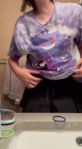 Teen with natural boobs shows off her petite tits
