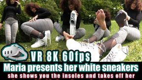 VR 3D 8K 180 60 fps | Maria presents her white sneakers, which she wears with nylons She shows you the insoles takes off her nylons and puts her cheesy feet in your face