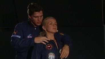 Blonde Christina Gives Sensual Blowjob in Zero Gravity Space Capsule