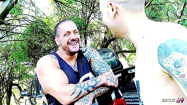 Pale White Skin Redhead Bitch Pick Up at Beach for Risky Outdoor Fuck by Muscled Guy with Fat Dick