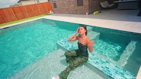 Jolissa Dives in the Pool Wearing Cargos and a Leather Top