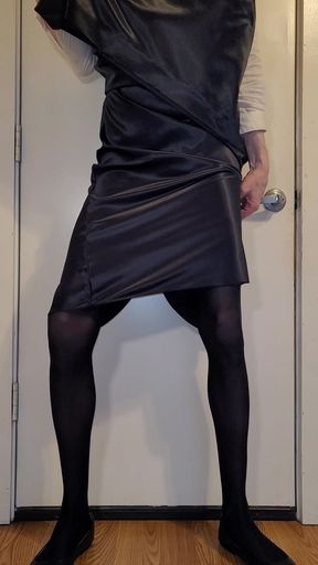 Long black satin skirt with a black satin half slip.