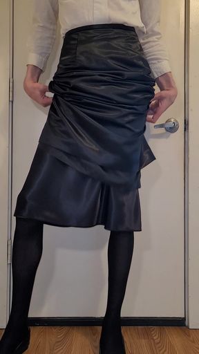 Long black satin skirt with a black satin half slip.