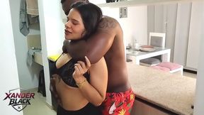 Young Latina girl fucks her boyfriend with a huge black cock in the kitchen