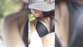 Latina busty girl masturbates on public beach