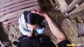 Farm Whore Kimmie Foxx sucks off a Fake Cop outdoors