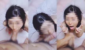 舌上射精される妻　笑顔とピースきめながら舌上射精された精子をごっくんと飲み干す