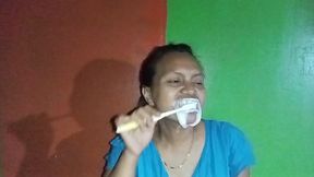 Toothbrushing spitting Asian Milf