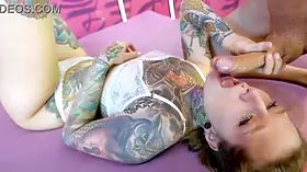 Tattooed girl DEEP THROAT fucked and DP - hard ANAL strech