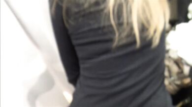 Leather clad blondie walks public cum walk in the shoppingcenter