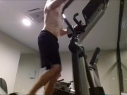 Teen after a workout in the gym and pool, jerking off his cock in a public sauna