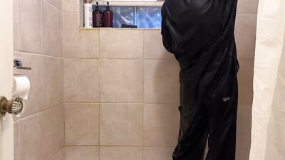 Dec 11 2022 - Dark blue coveralls omorashi pee and shower