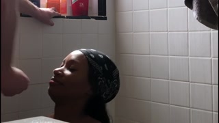 Petite Ebony Takes Massive Cumshot in Shower