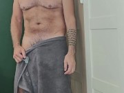 Hung alpha Dad step out the shower with just a towel – thick uncut cock swingin’ & ready to play