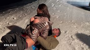 Nighttime ski slope threesome
