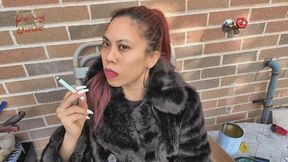 Smoking, coughing, spitting an all white cigarette in vintage fur jacket vol 127 Non Nude smoking