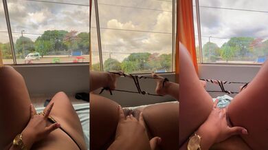 Public masturbation at hotel window caught while strangers watch me squirt