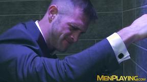 ”Hot men in suit gets steamy on rough gay sex in a restroom”