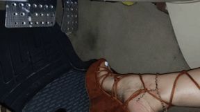 Pedalpumping & Driving In Brown Lace Wedges