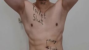 Asian jock wanks in public restroom, covered in jizz