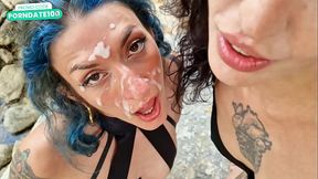 Tattooed babe gets double blowjob and facials outside