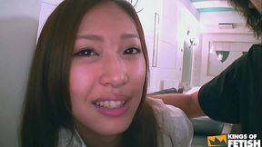 Shy Japanese teen blows a guy with hairy dick and sucks his balls POV style