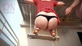 Depraved housewife swinging with panties on a swing Upskirt