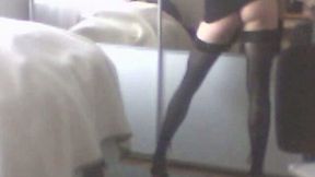 Flaunting my sissy ass and legs in wife's black stockings and dress