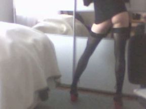 Flaunting my sissy ass and legs in wife's black stockings and dress