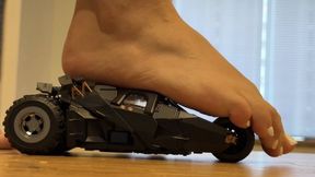 Giantess Barefoot Playing with Tiny Batmobile - Toy Car Under My Feet