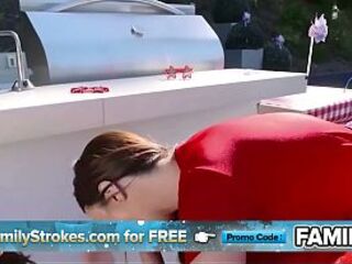 Family Strokes - Breasty Stepmom And Her Hawt Stepdaughter Take Turns Riding Step Brother's Penis