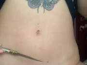 navel play with knife