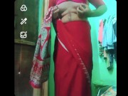 Indian gay Crossdresser xxx nude in red saree showing his bra and boobs🥵